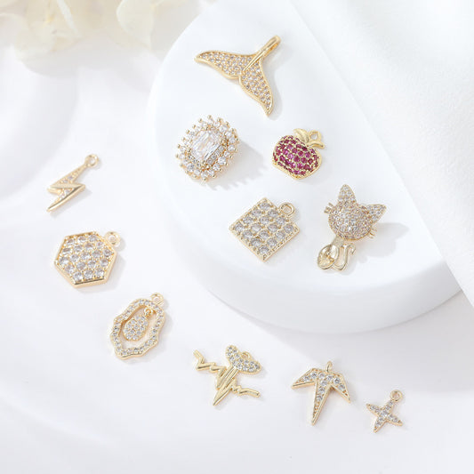 2 Feuilles Étoile Chat Flash Pomme Carré Hexagone Charme Pendentif Strass Embelli 14K GF