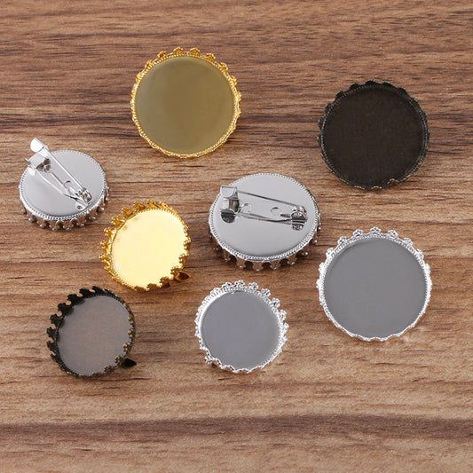 200 Crown Edge Bezel Cup Safe Brooch Pin Silver Plated 20mm 25mm Round Cabochon Blank Base Gemstone Piece Setting
