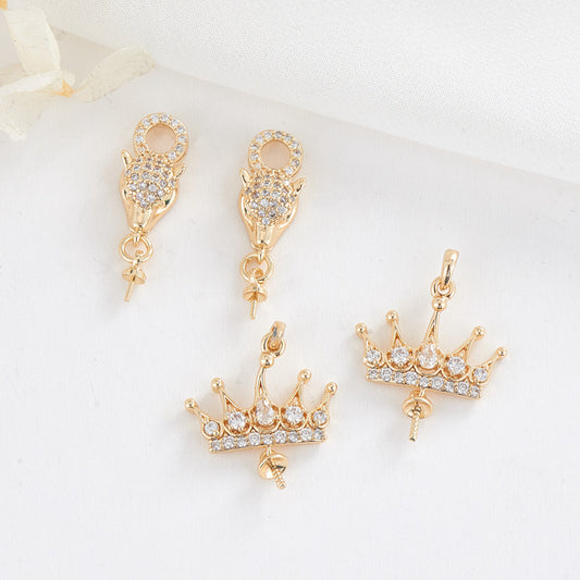 2 Wolf Head Crown Charm Pendant Rhinestone Embellished 14K GF Half Drilled Pearl Bead Blank