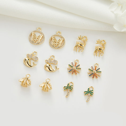 2 Biene Gänseblümchen Blumen Wal Schmetterling Hirsch Kokosnuss Charm Anhänger Strass verziert 14K GF