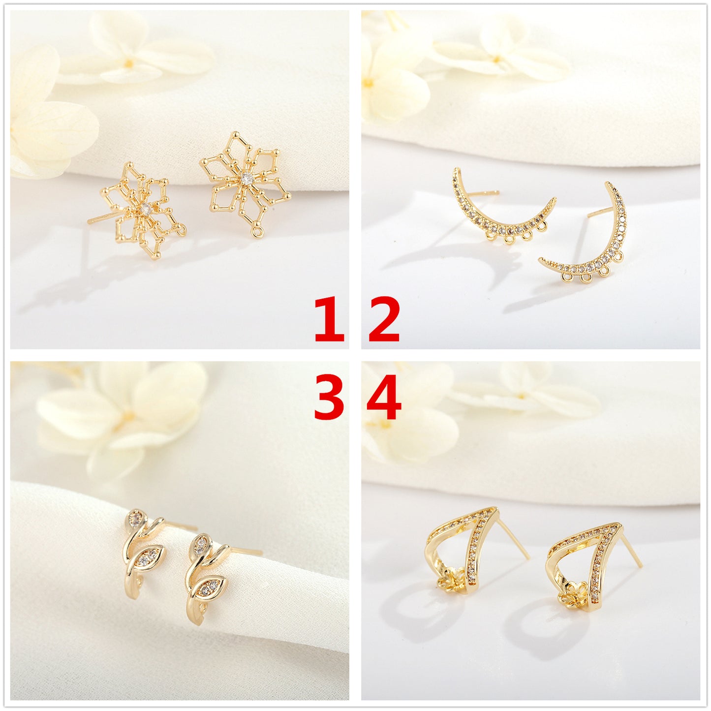 4 florale Kreis-Ohrstecker mit Öse, 14-Karat-GF-Strassverzierung