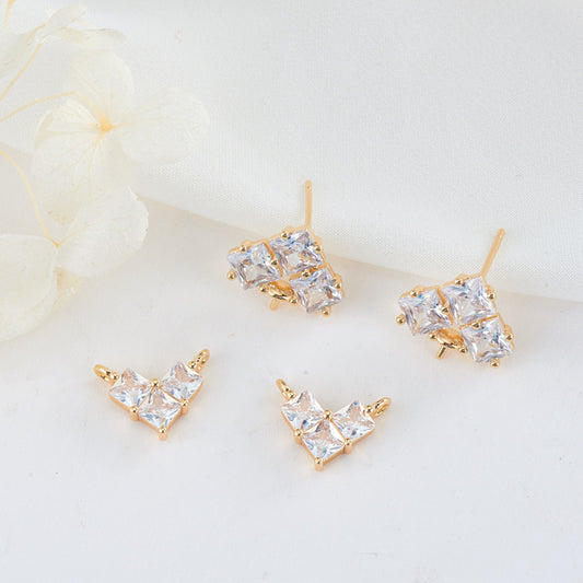 4 Heart Floral Charm Pendant Stud Earrings Rhinestone Embellished 14K GF Earing Half Drilled Pearl Bead Blank