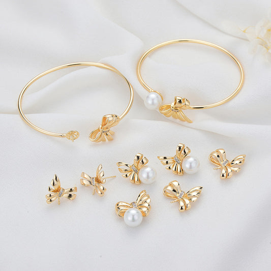 2 Halskette mit Schleifen-Charm-Anhänger, Ohrstecker, Statement-Ring, Armreif, Strassverzierung, 14 Karat GF, halbgebohrte Perle, Rohling