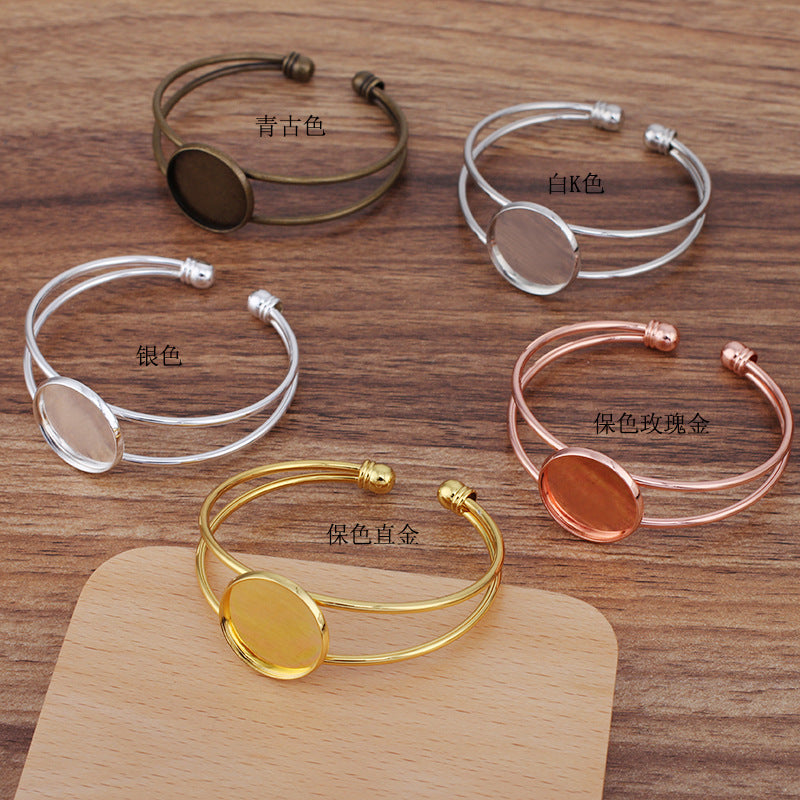 Bracelet à cercle ouvert à deux rangées de 5 bords unis, 18KGP, cabochon rond de 20mm, Base vierge, sertissage de pièces de pierres précieuses