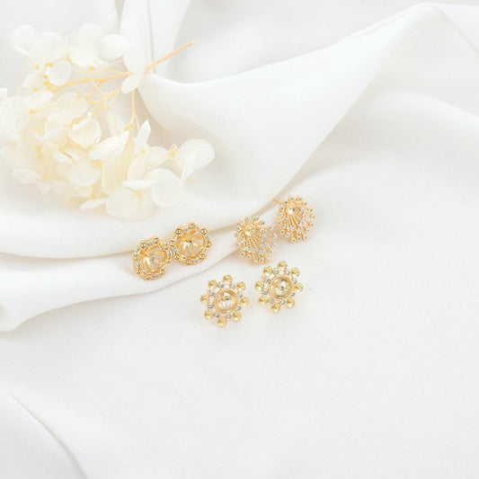 4 Floral Stud Earrings Rhinestone Embellished 14K GF Earing Half Drilled Pearl Bead Blank