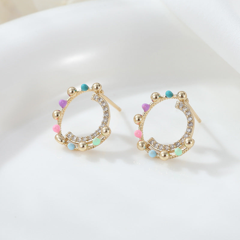 Boucles d'oreilles à tige en forme de cœur, 4 cercles perlés, ornées de strass 14K GF