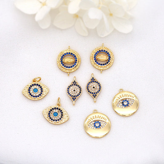 Pendentif à breloque en forme de pièce de monnaie à 2 yeux, connecteur à double boucle, orné de strass, 14K GF