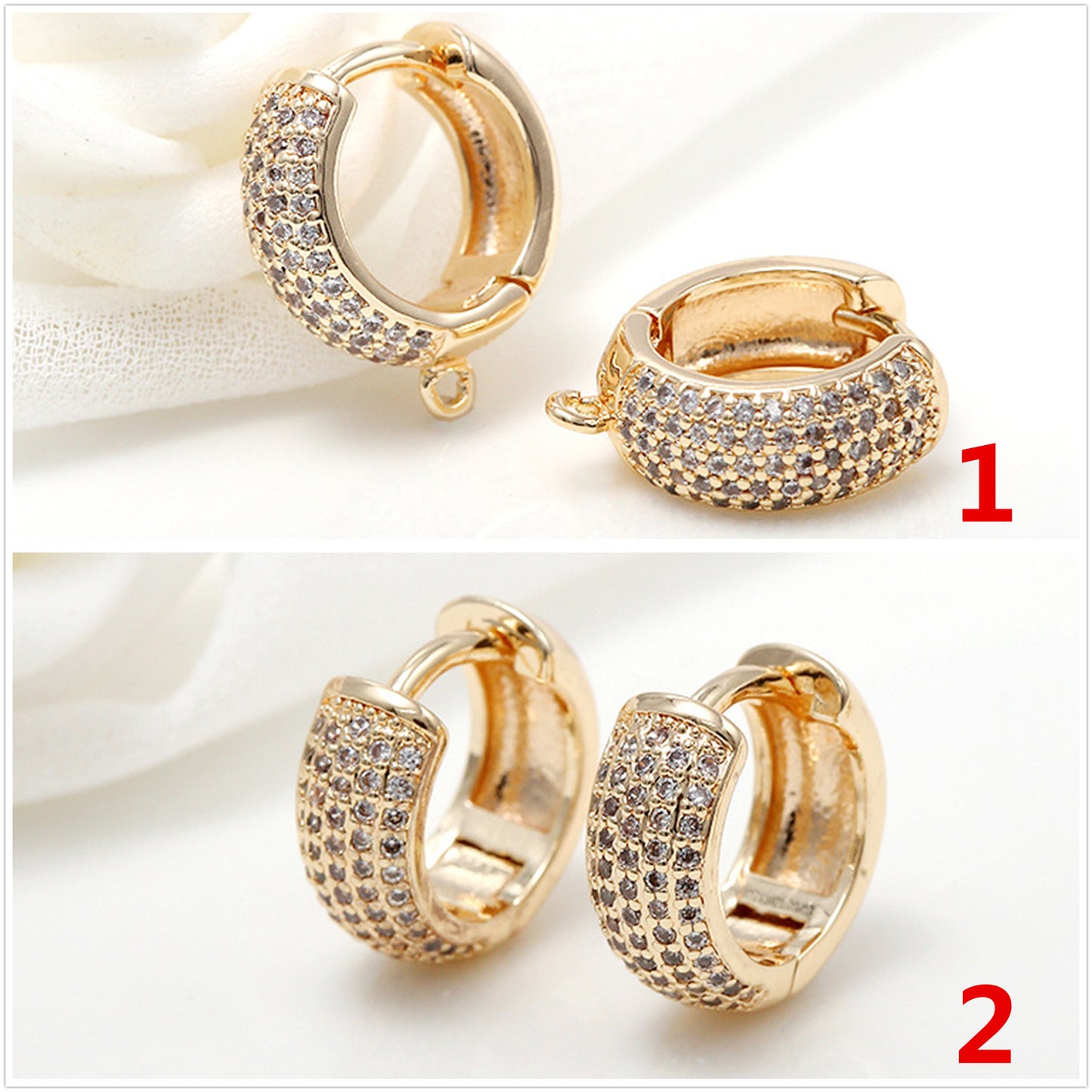 4 Chunky Round Hoop Earrings with Loop Rhinestone Embellished 14K GF Earing