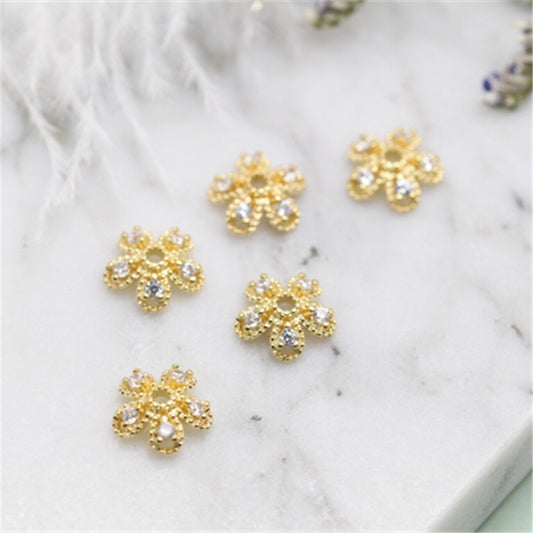 50 capuchons de perles florales, tasse ornée de strass, breloque 14K GF, entretoise de perles