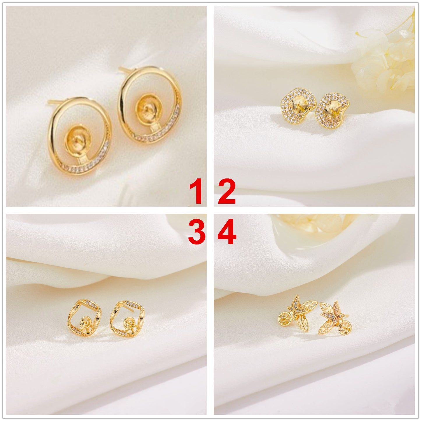 4 boucles d'oreilles rondes, carrées, papillon, ornées de strass, 14K GF, boucles d'oreilles à moitié percées, perles vierges