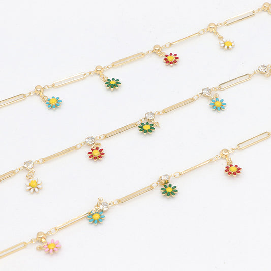 2 Meter Emaille-Epoxidharz-Gänseblümchen-Blumen-Charm, lange Kabelkette, 14 K GF