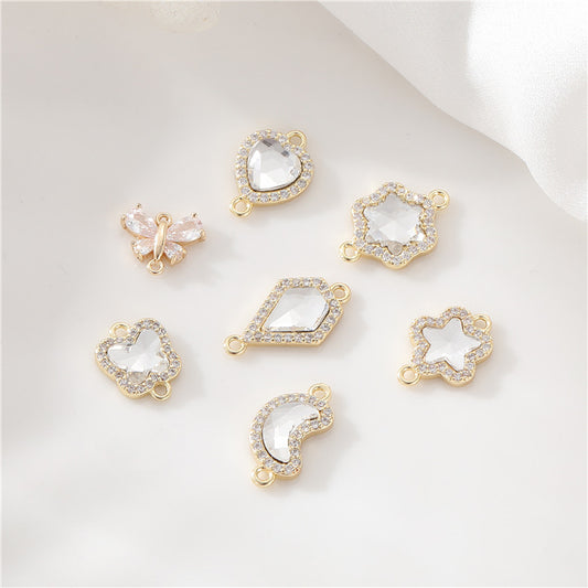 2 Double boucle étoile papillon coeur lune diamant charme connecteur strass embelli 14K GF