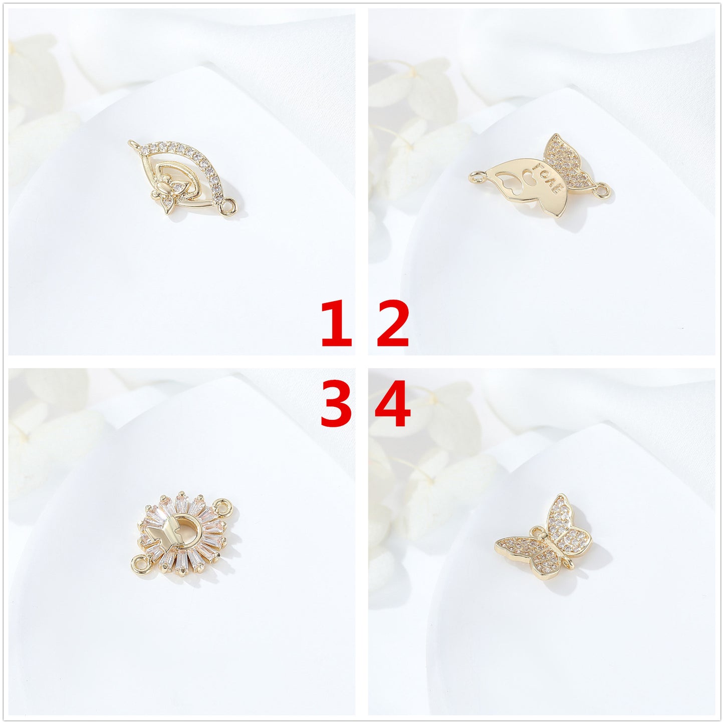 2 connecteurs de charme papillon à double boucle ornés de strass 14K GF
