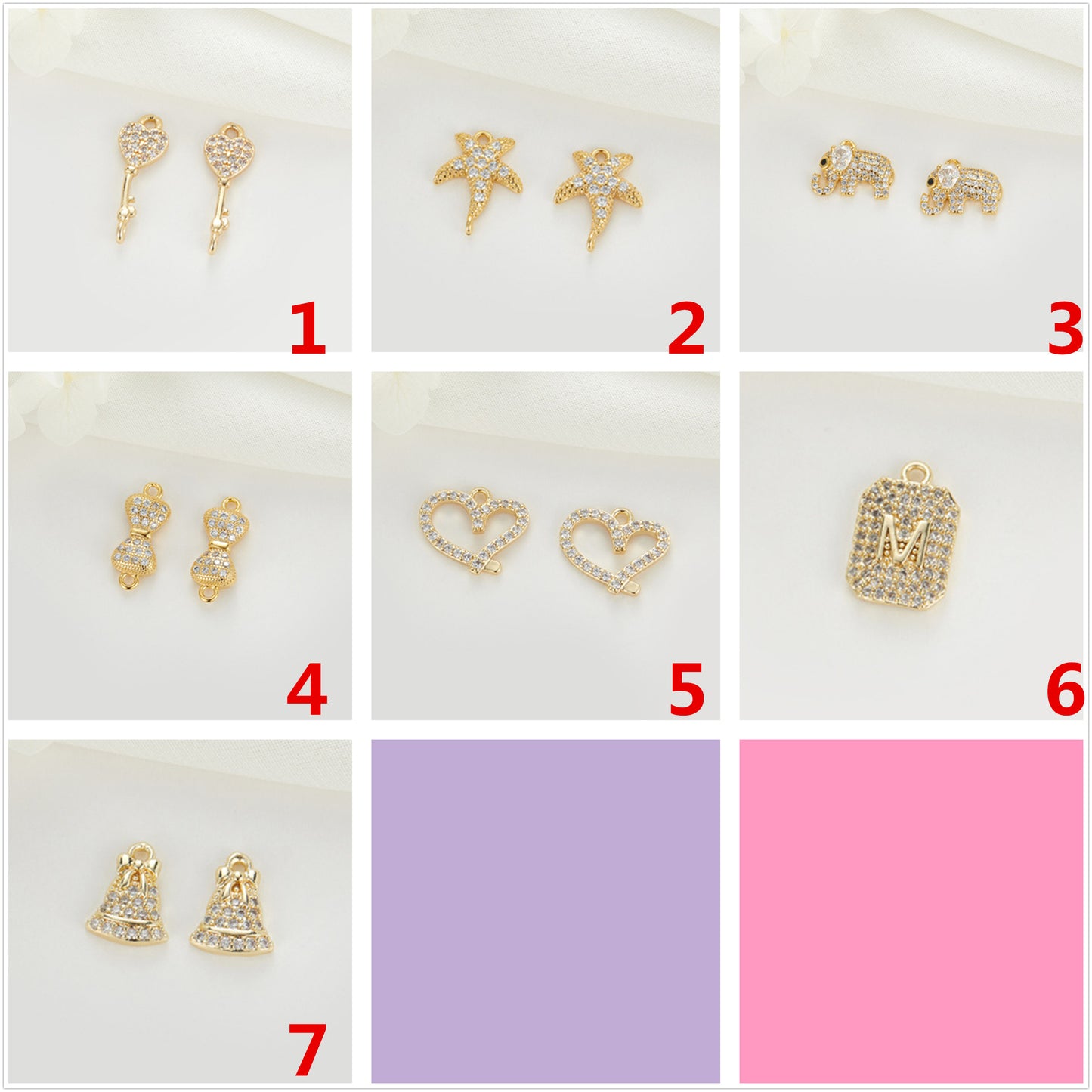 2 clés étoile de mer éléphant nœud papillon coeur cloche pendentif à breloque strass embelli 14K GF