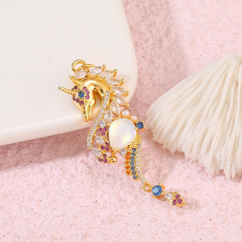 2 Unicorn Charm Pendant Resin Rhinestone Embellished 14K GF