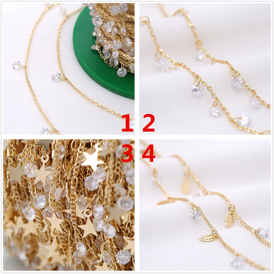 Chaîne de câble mince en forme de feuille et d'étoile en strass de 2 mètres, lien O incurvé, 14K GF