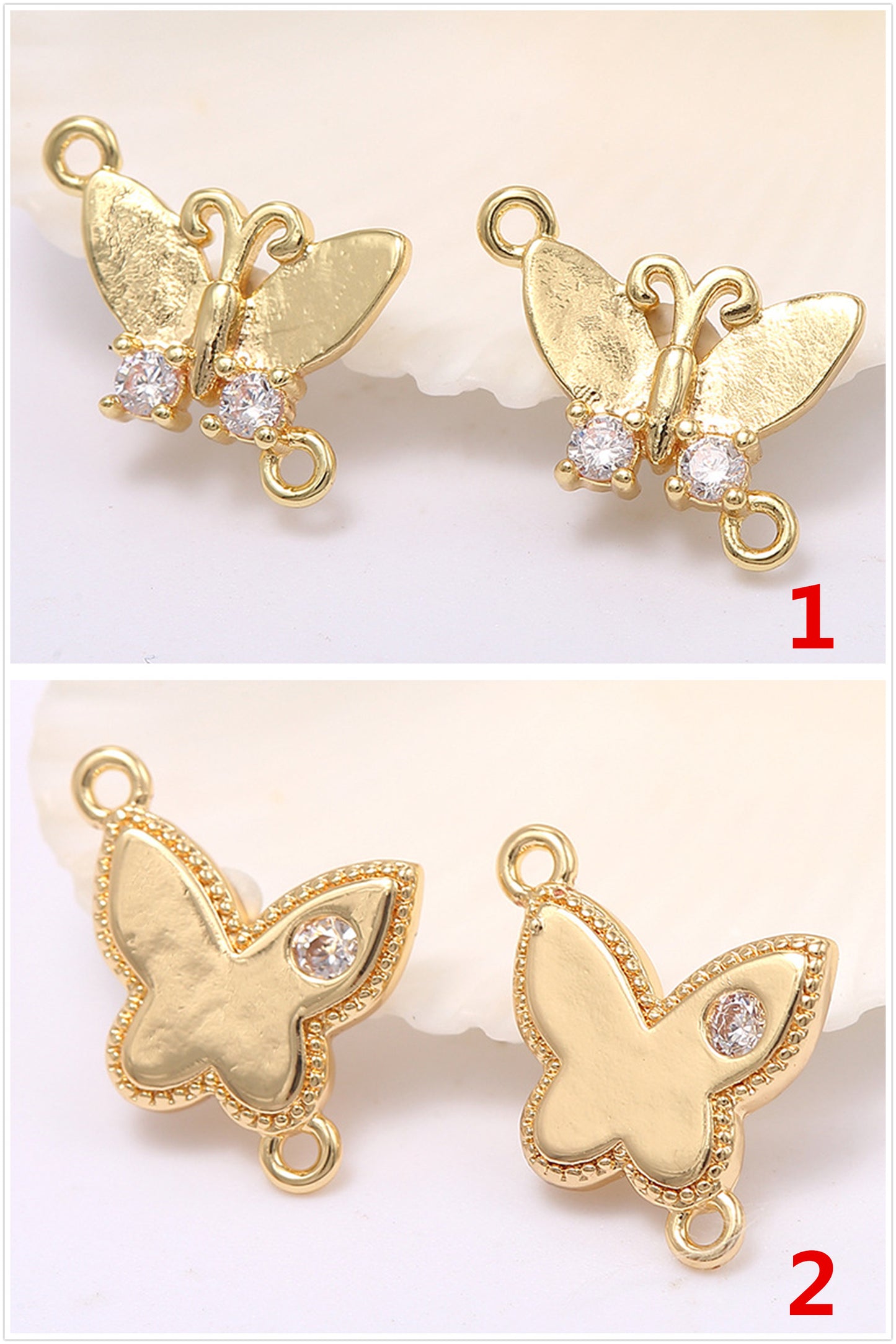 2 connecteurs papillon à double boucle ornés de strass 14K GF