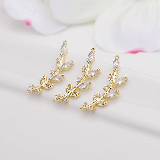 2 connecteurs de charme de branche de feuille courbée à double boucle ornés de strass 14K GF