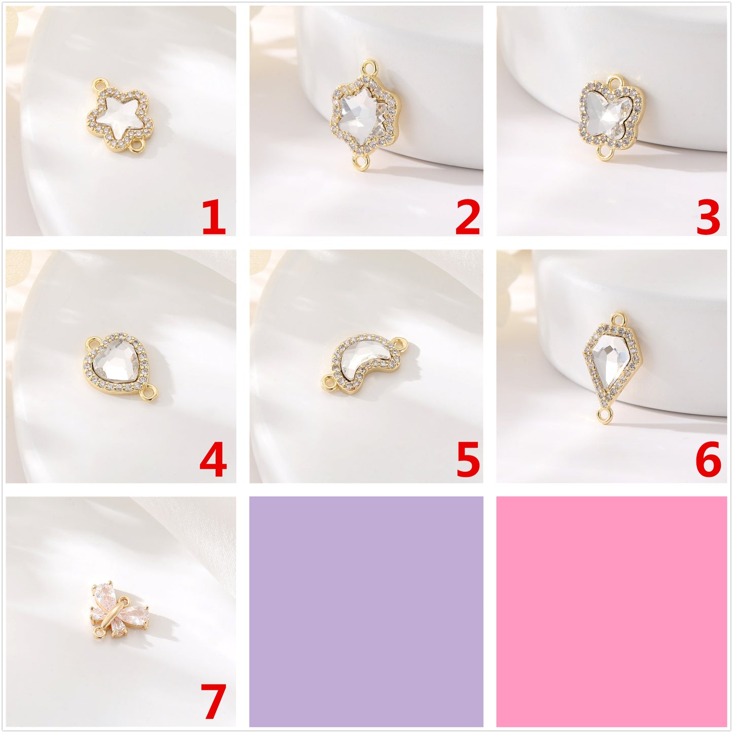2 Double boucle étoile papillon coeur lune diamant charme connecteur strass embelli 14K GF
