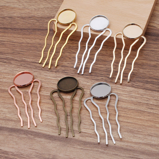 10 Plain Edge Bezel Cup Hair Fork Comb Hairpin 18KGP 20mm Round Cabochon Blank Base Gemstone Piece Setting