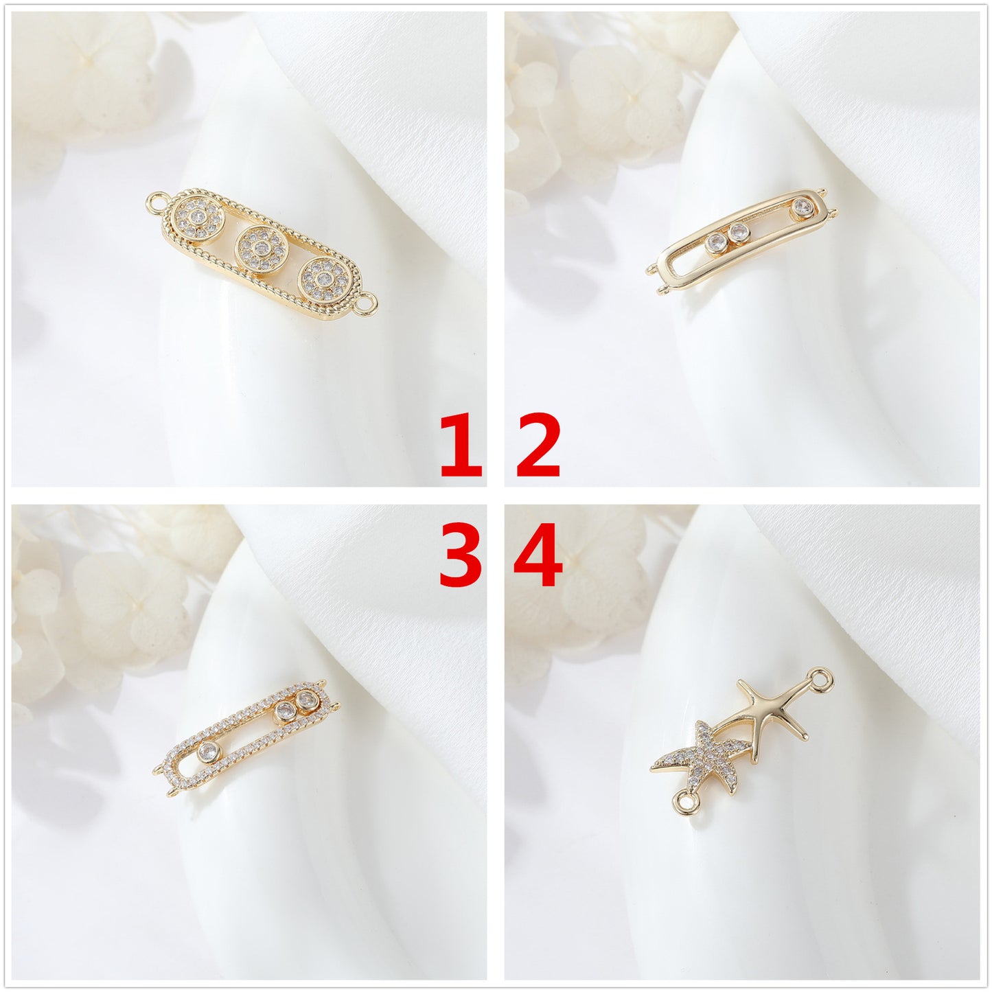 2 Double boucle rectangle étoile de mer oeil carré coeur charme connecteur strass embelli 14K GF