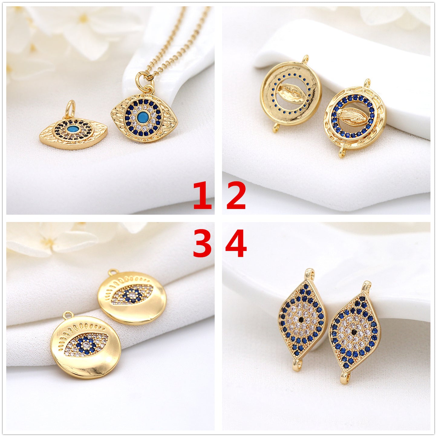 Pendentif à breloque en forme de pièce de monnaie à 2 yeux, connecteur à double boucle, orné de strass, 14K GF