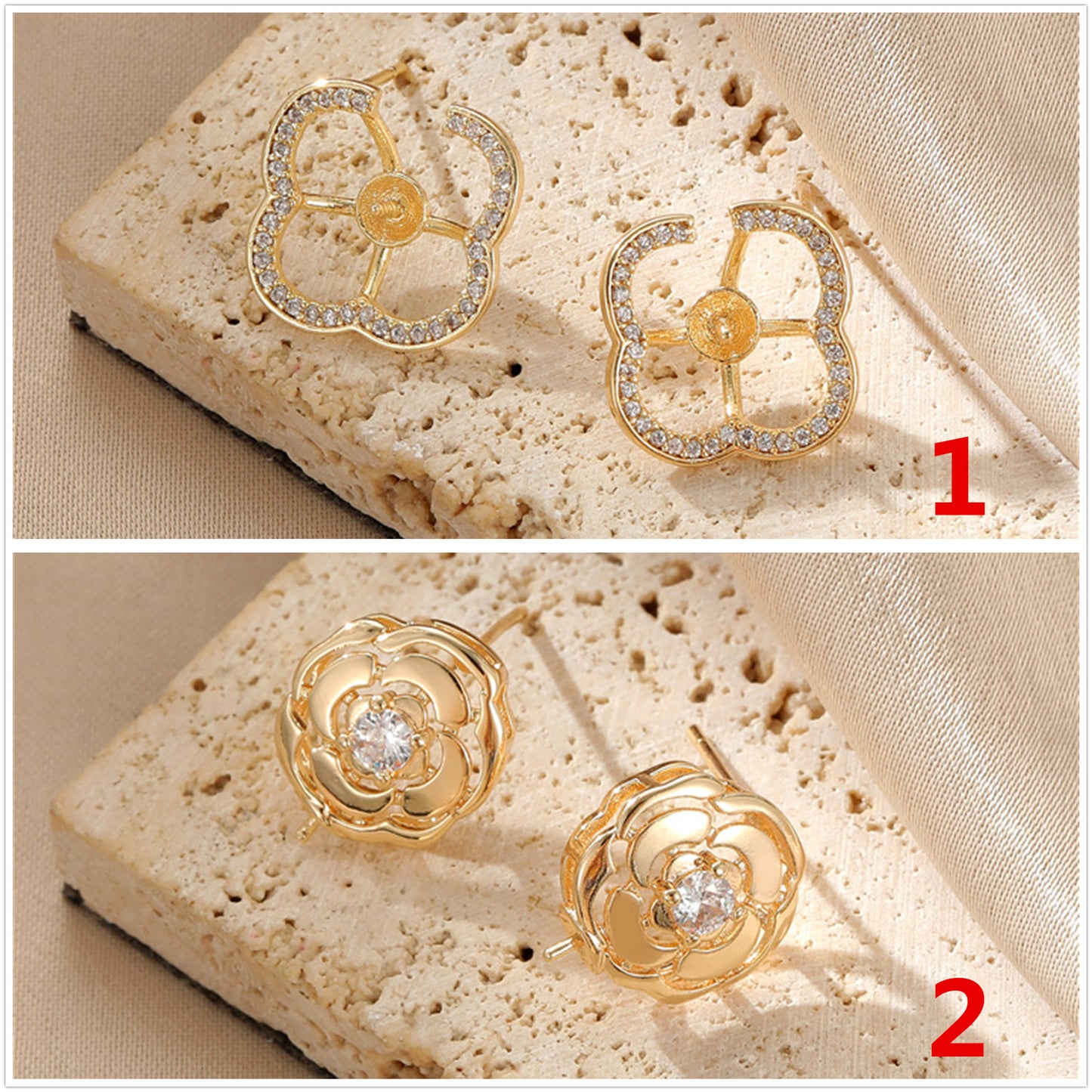 4 boucles d'oreilles à tige en forme de cercle floral, ornées de strass, 14K GF, boucles d'oreilles à moitié percées, perle vierge