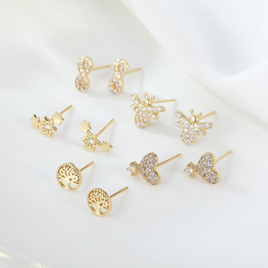 Boucles d'oreilles à tige avec 4 arbres, étoiles, cœur infini, abeille, ornées de strass 14K GF