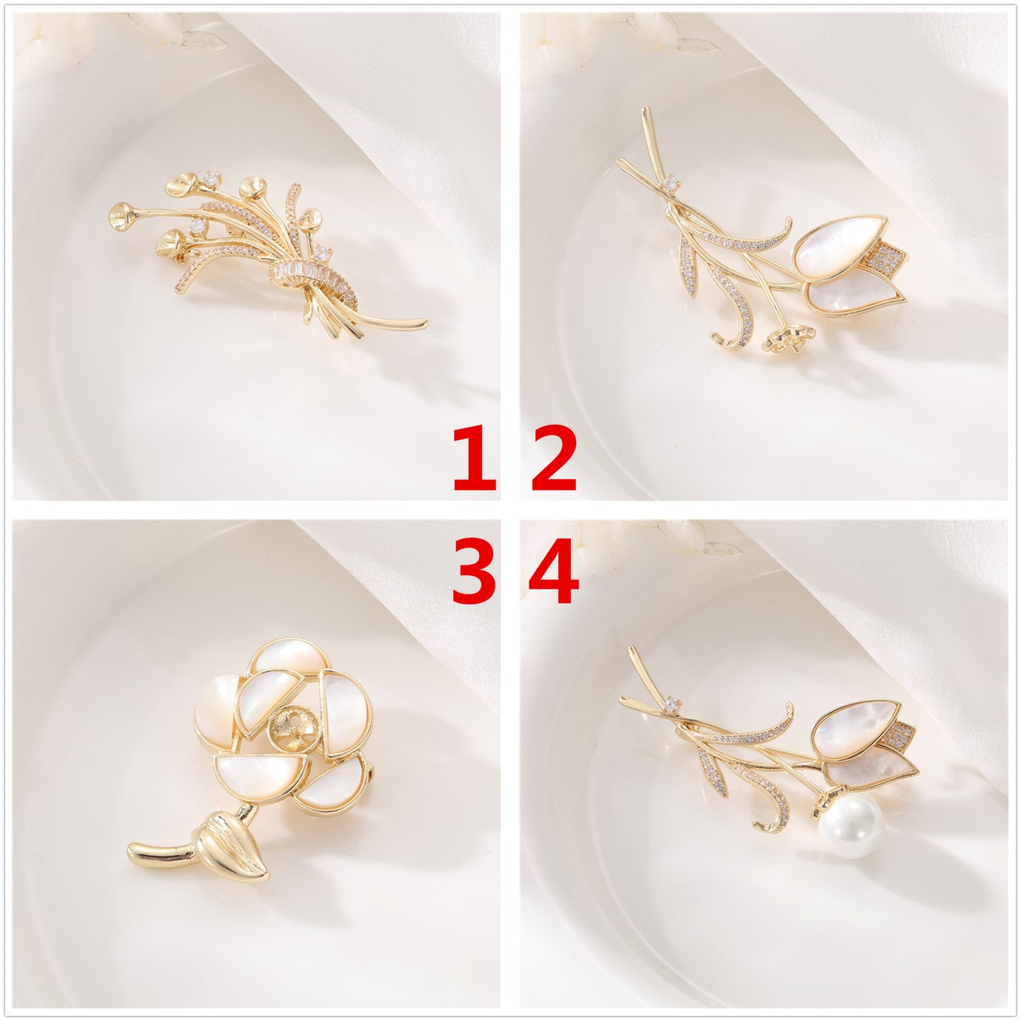 2 broches florales 14K GF strass embellies perle semi-percée perle vierge