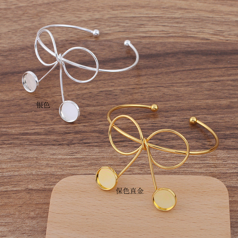 5 bracelet à cercle ouvert avec nœud papillon enveloppé de fil de coupe de lunette à bord uni 18KGP 12mm cabochon rond Base vierge réglage de pièce de pierre précieuse