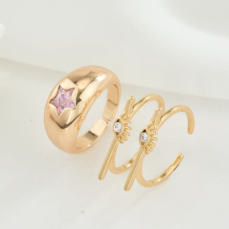 2 Open Circle Star Eye Statement Ring Rhinestone Embellished 14K GF