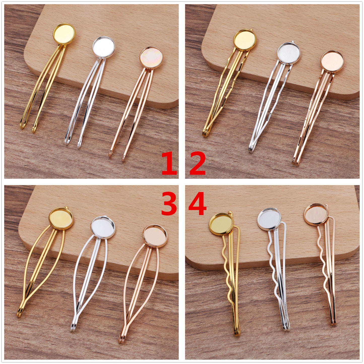 30 Plain Edge Bezel Cup Straight Hair Clip Hairpin 18KGP 12mm Round Cabochon Blank Base Gemstone Piece Setting