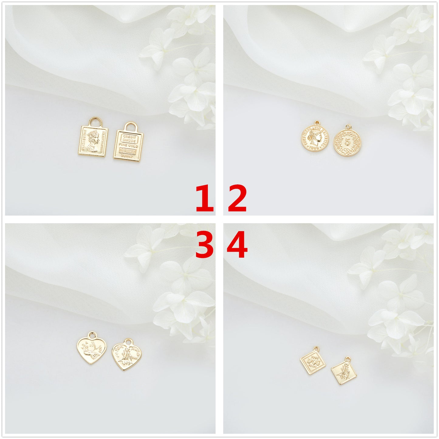 2 Queen Coin Prince Square Round Heart Diamond Tag Charm-Anhänger 14K GF