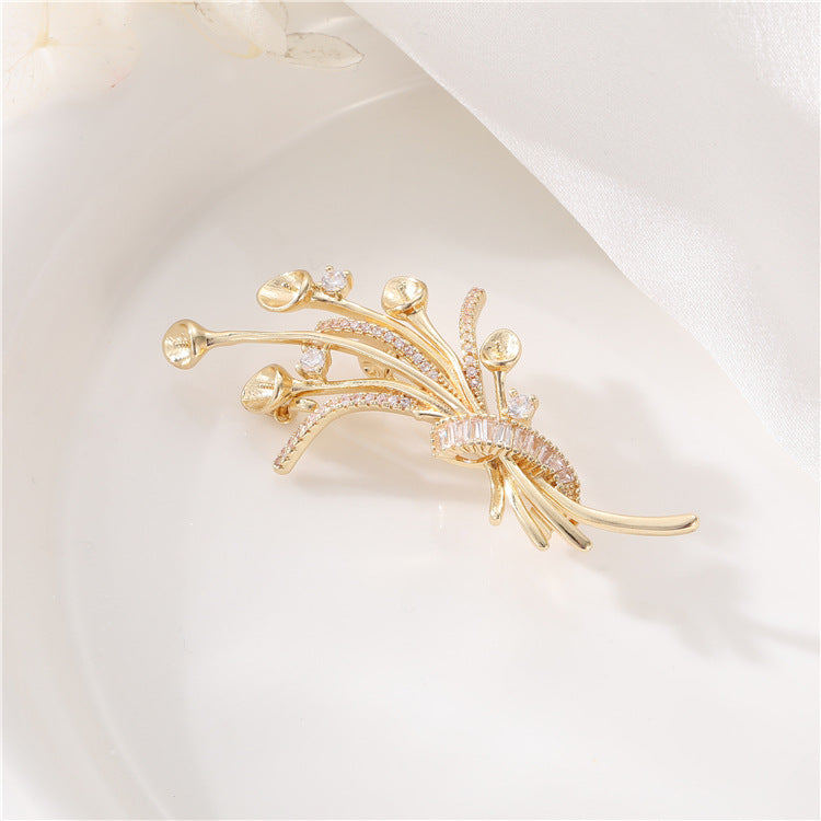 2 broches florales 14K GF strass embellies perle semi-percée perle vierge