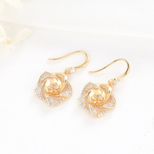 4 boucles d'oreilles à crochet floral rose ornées de strass 14K GF boucle d'oreille demi-percée perle vierge