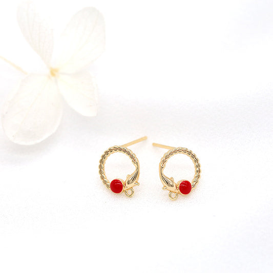 4 runde Delphin-Kreis-Ohrstecker mit Öse, Emaille, Epoxidharz, 14 K GF, Ohrhaken