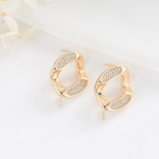 4 Curved Circle Stud Earrings Rhinestone Embellished 14K GF Earing Half Drilled Pearl Bead Blank