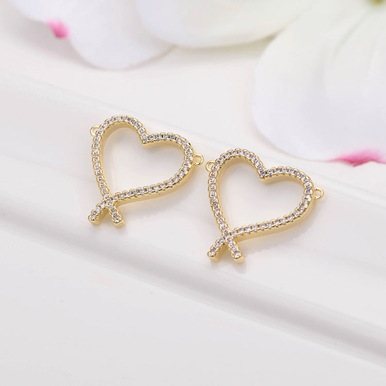2 connecteurs de charme en forme de cercle de cœur à double boucle ornés de strass 14K GF