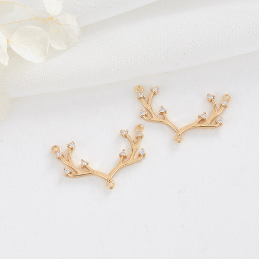 2 Multi Looped Reindeer Horn Charm Pendant Rhinestone Embellished 14K GF