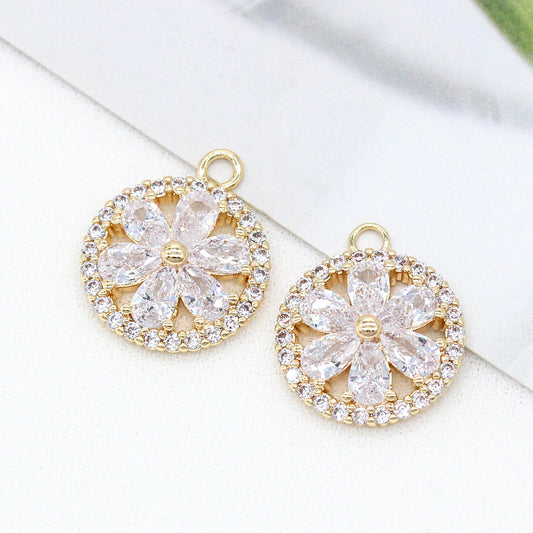 5 pendentifs à breloques florales rondes creuses ornées de strass 14K GF