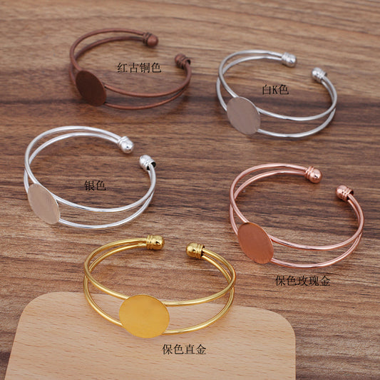 5 Plain Flat Pad Two Row Open Circle Bangle 18KGP 18mm Round Cabochon Blank Base Gemstone Piece Setting