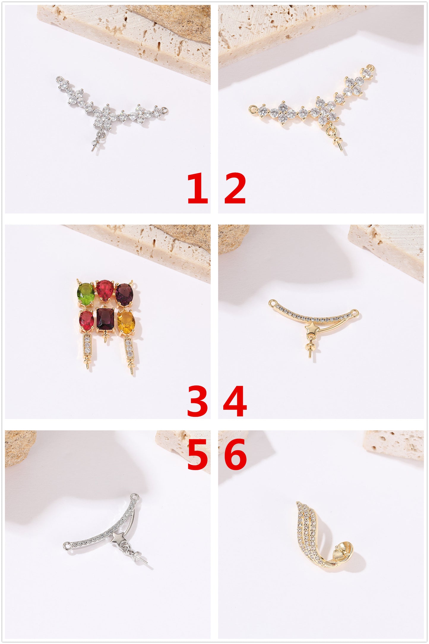 2-Sterne-Rechteck-Stern-Feder-Charm-Anhänger mit Strass verziert, 14K GF, halbgebohrte Perle, Rohling