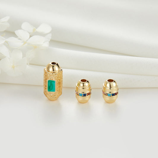 2 winzige olivfarbene Säulenperlen aus 14-Karat-GF-Charm mit Strassverzierung, Perlenarbeit, Abstandshalter