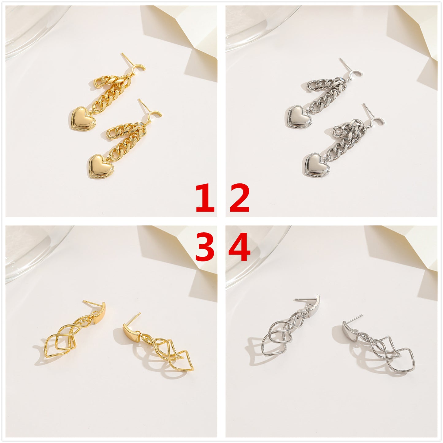 Boucles d'oreilles à clous ondulés incurvés à 4 chaînes de câbles, 14 carats, GF