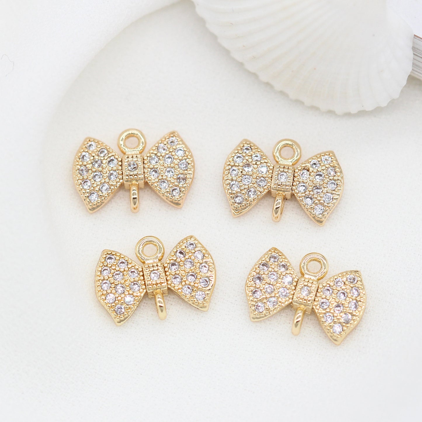 10 Doppelschleifen-Charm-Verbinder mit Schleife, Strassverzierung, 14 Karat GF