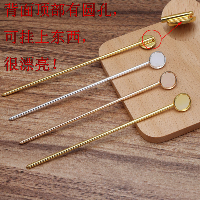 10 Plain Edge Bezel Cup Chinese Stick Hairpin 18KGP 12mm Round Cabochon Blank Base Gemstone Piece Setting