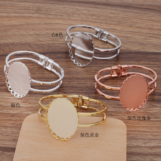 5 Scallop Edge Bezel Cup Two Row Openable Circle Bangle 18KGP 30x40mm Oval Cabochon Blank Base Gemstone Piece Setting