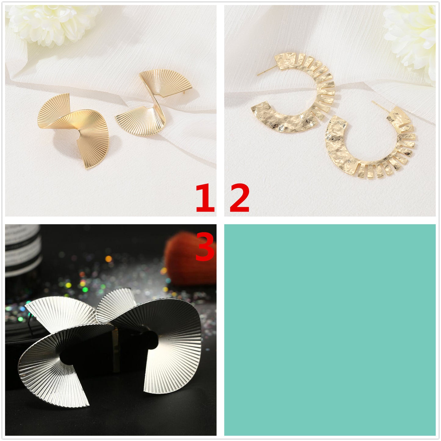 4 boucles d'oreilles à tige sculptées incurvées 14K GF Earing
