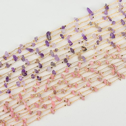 2 Meters Raw Amethyst Beaded Cable Chain 14K GF Quartz Embellished