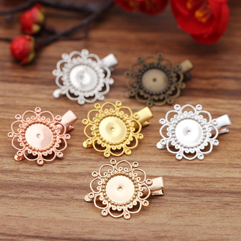 20 Floral Edge Bezel Cup Alligator Hairclip 18KGP 12mm Round Cabochon Blank Base Gemstone Setting